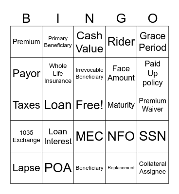 Life Insurance Bingo Card