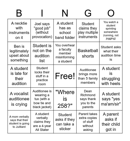 2-24 Audition Day Bingo Card