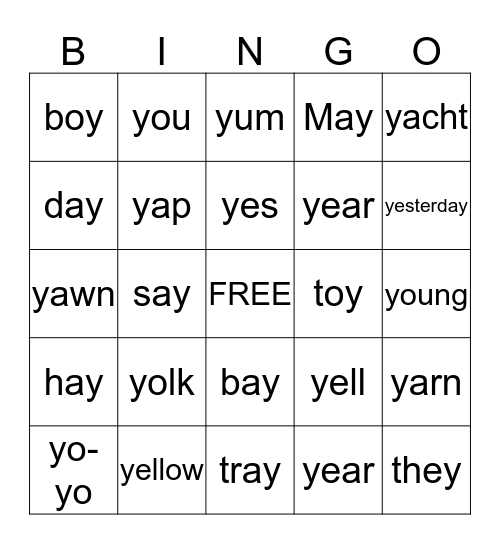 The letter 'Y' Bingo Card