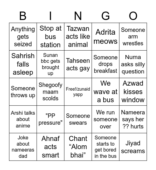 bus bingo Card