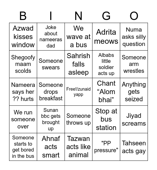 bus bingo Card