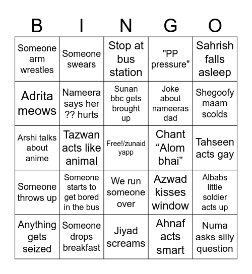 bus bingo Card