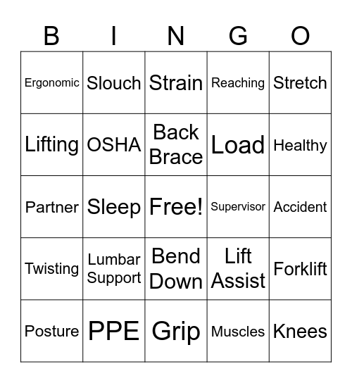 BACK SAFETY Bingo Card