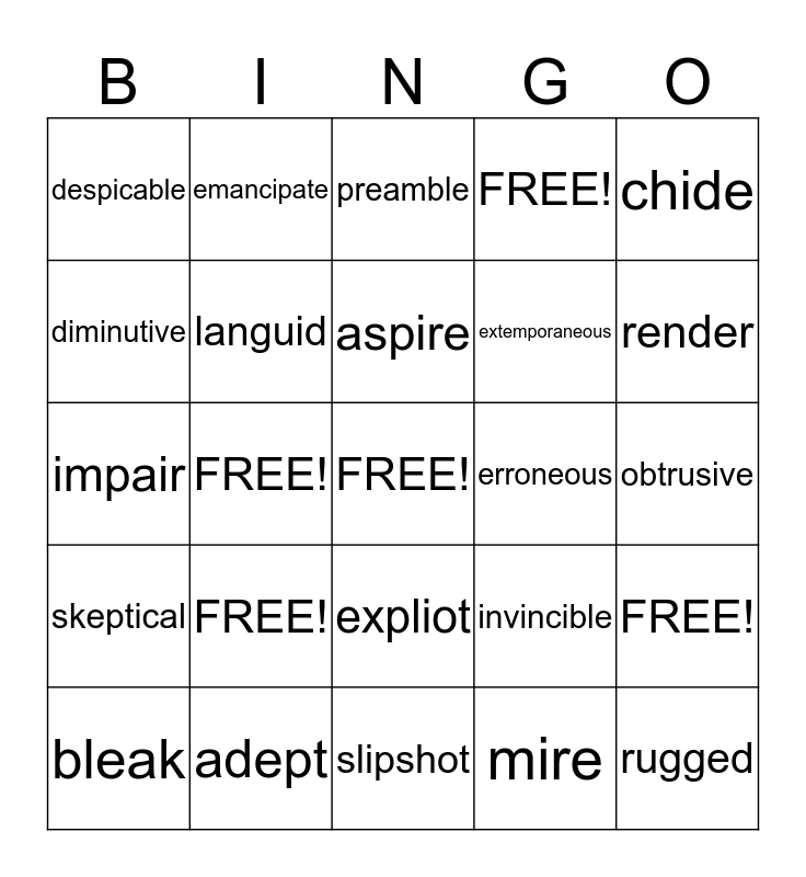 Level D Unit 10 Bingo Card