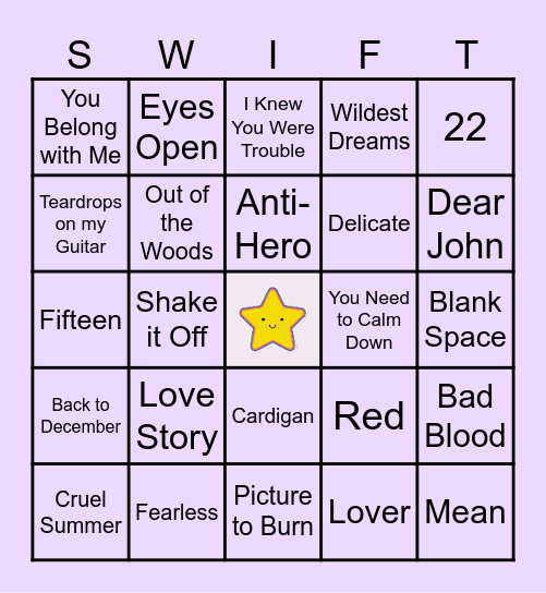 Taylor Swift Bingo Card
