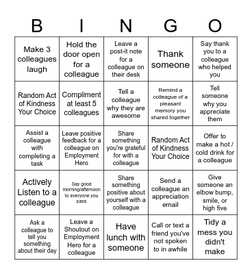 Random Acts of Kindness Bingo Card