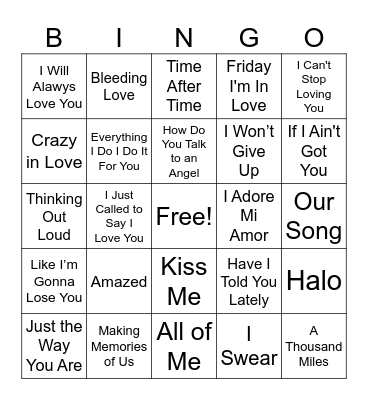 Bingo - Love Songs Bingo Card