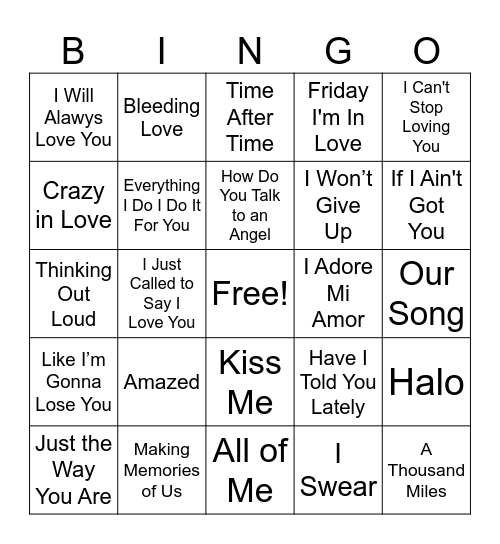 Bingo - Love Songs Bingo Card
