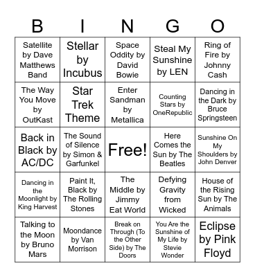 Total Eclipse of the Heart Musical Bingo Card