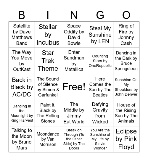 Total Eclipse of the Heart Musical Bingo Card