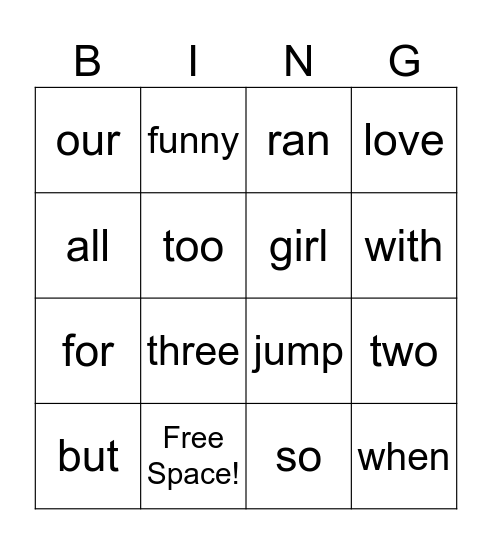 Sight Word Bingo Card