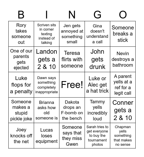 Hockey Bingo Card