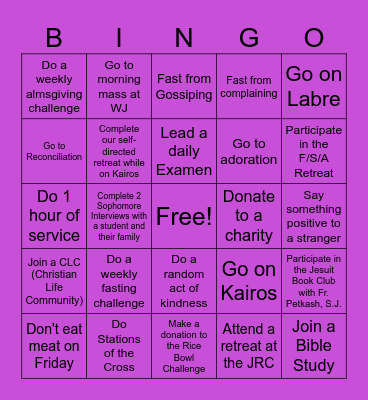 Walsh Jesuit High School Lent 2024 Bingo Card