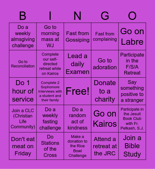 Walsh Jesuit High School Lent 2024 Bingo Card