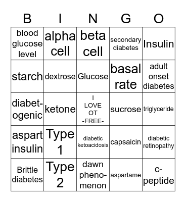 Diabetes BINGO Card