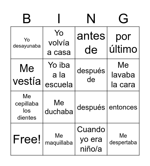 Spanish 2 Module 18 Bingo Card