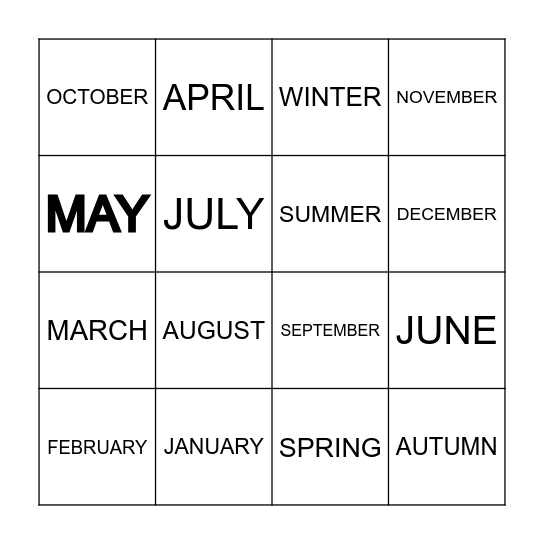 BINGO : months and seasons Bingo Card