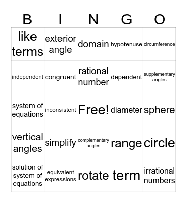 8th Grade Math Vocabulary Bingo Card
