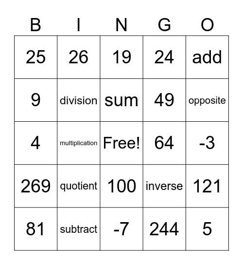 MATH Bingo Card