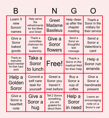 Soror Acts of Kindness Bingo Card