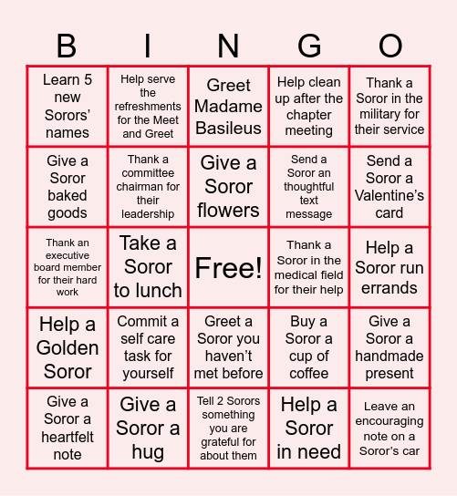 Soror Acts of Kindness Bingo Card