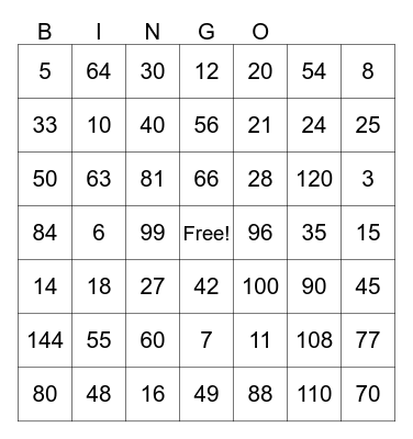 12x12 Multiplication answers Bingo Card
