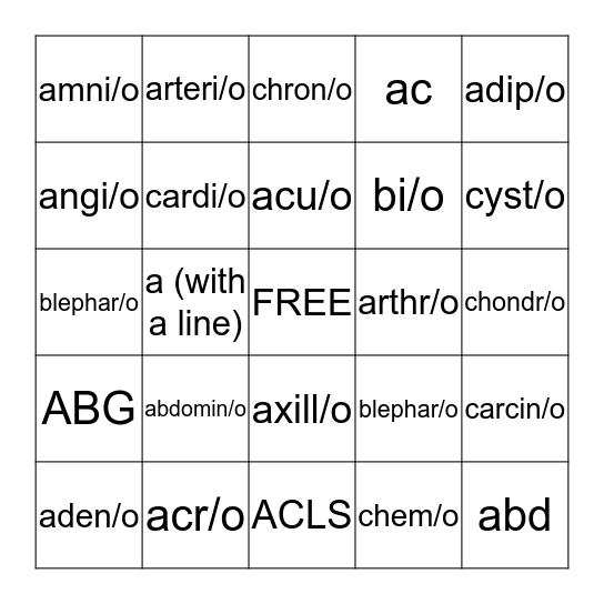 Chapter 1-4 Combining Forms Bingo Card
