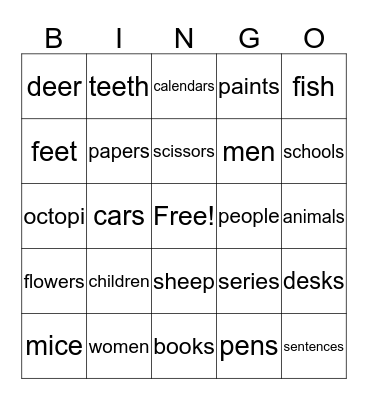 Plural Nouns Bingo Card