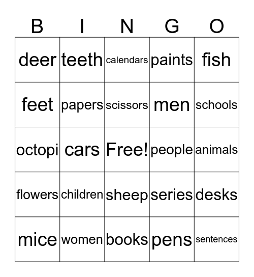 Plural Nouns Bingo Card