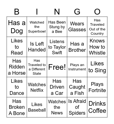 Find A Friend Bingo Card