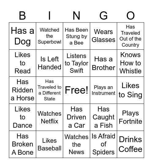 Find A Friend Bingo Card