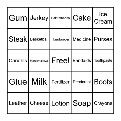 Cow Product Bingo Card