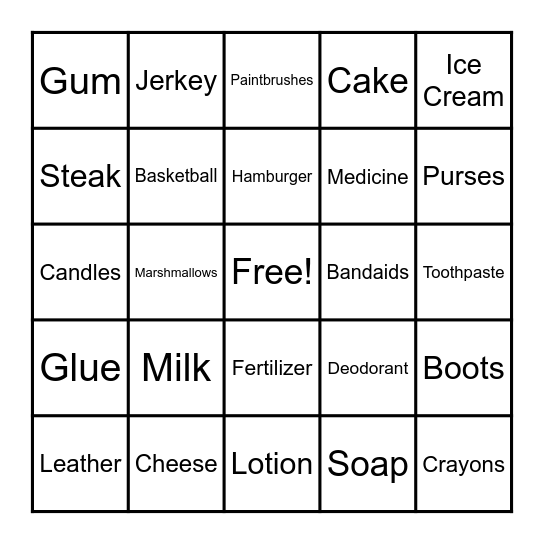 Cow Product Bingo Card