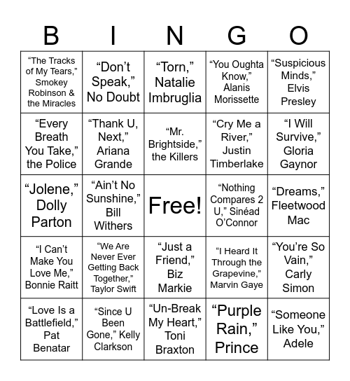 Heart Break Bingo Card