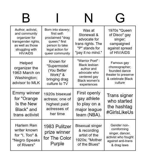 Black Queer History Bingo Card