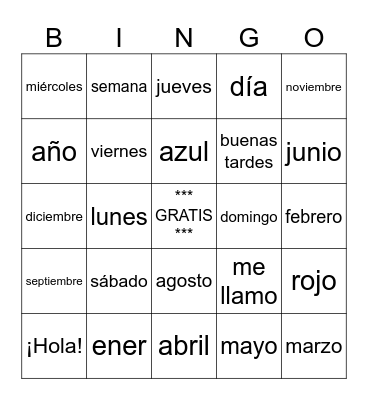 Grade 6 Spanish Bingo Card