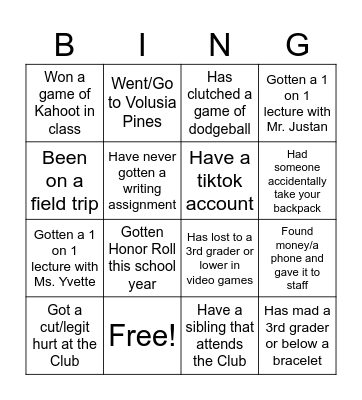 Teen Night Bingo Card