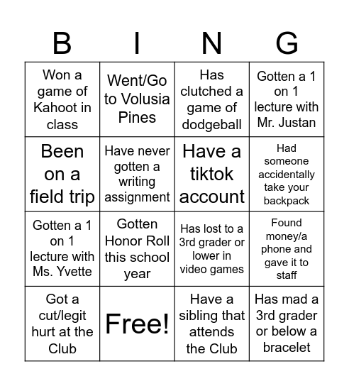 Teen Night Bingo Card