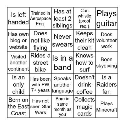 Play-Well with someone who.... Bingo Card