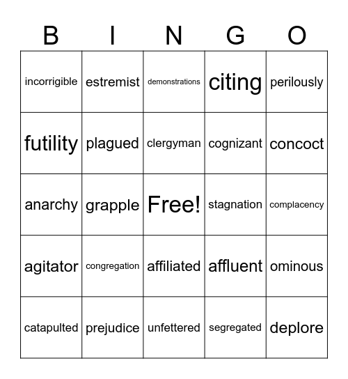 Letter From Birmingham - MLK Vocabulary Bingo Card