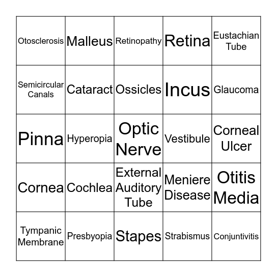 Ophthalmology and Otolaryngology Bingo Card