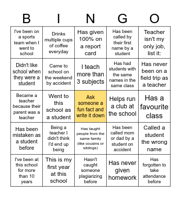 Teacher bingo Card