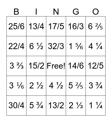 Fraction Bingo Card