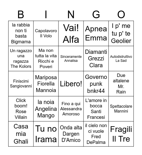 Sanremo 2024 Bingo Card