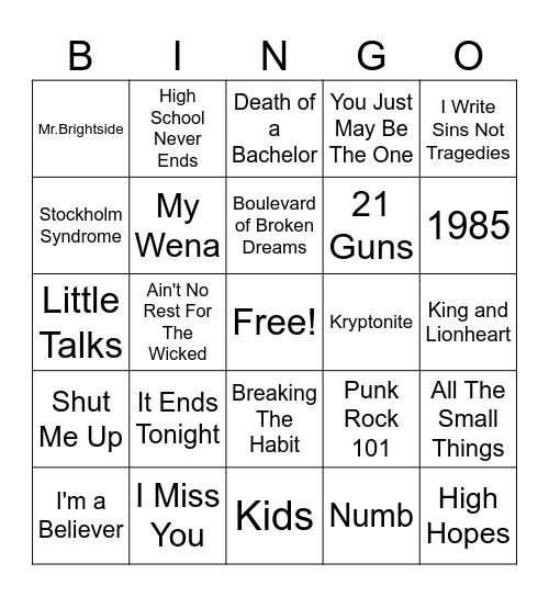 Rock (in some degree, or was it Rock Bands?) Bingo Card