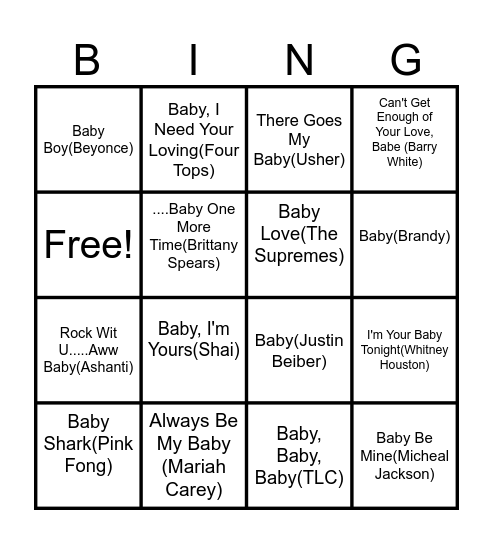 Songs That Have "Baby" Bingo Card