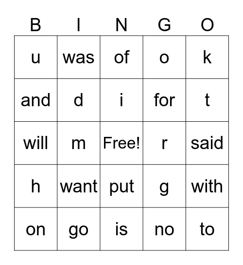 Kindergarten Bingo 2-16 Bingo Card