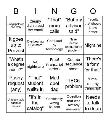 Registrar Bingo Card