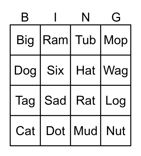 CVC Word Bingo Card