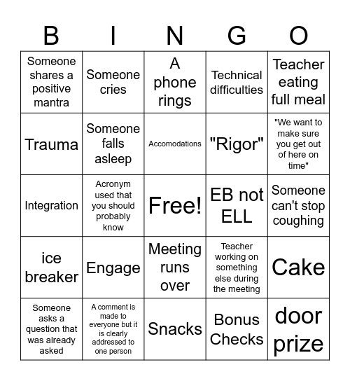 Teacher PD Bingo Card